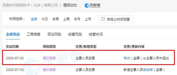 原百度集團副總裁韋方退出百度時代網絡技術(北京)有限公司監事